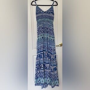 Rare Blue and White Patterned Spaghetti-Strap Flowy Maxi Dress
